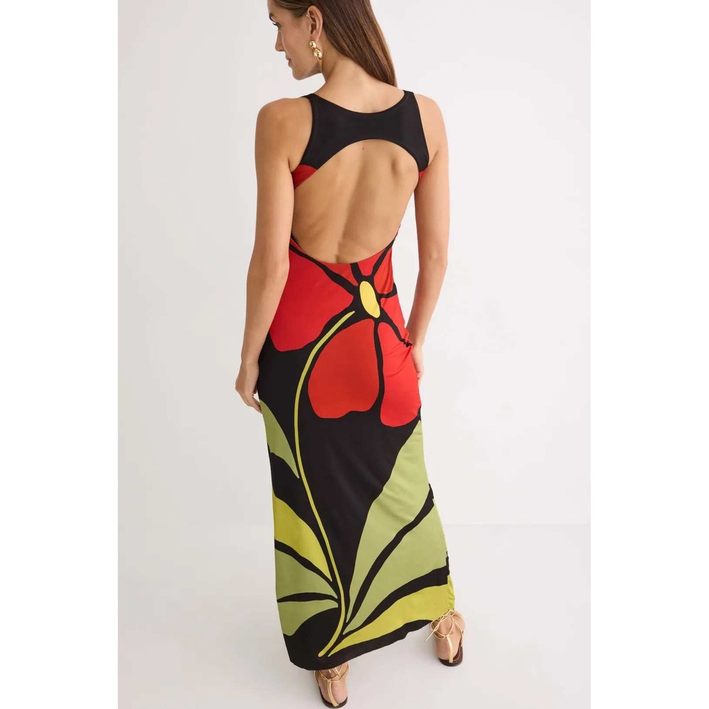 ALA de la CRUZ Camellia Maxi Dress Floral Print Red Black Green Sleeveless small - Picture 2 of 10